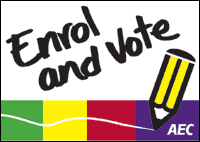 The ‘Enrol and Vote’ badge, an example of an AEC promotion product