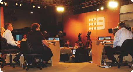 A photo of a temporary television studio at the Nation Tally Rooom