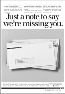 An AEC newspaper advertisement - Just a note to say we're missing you